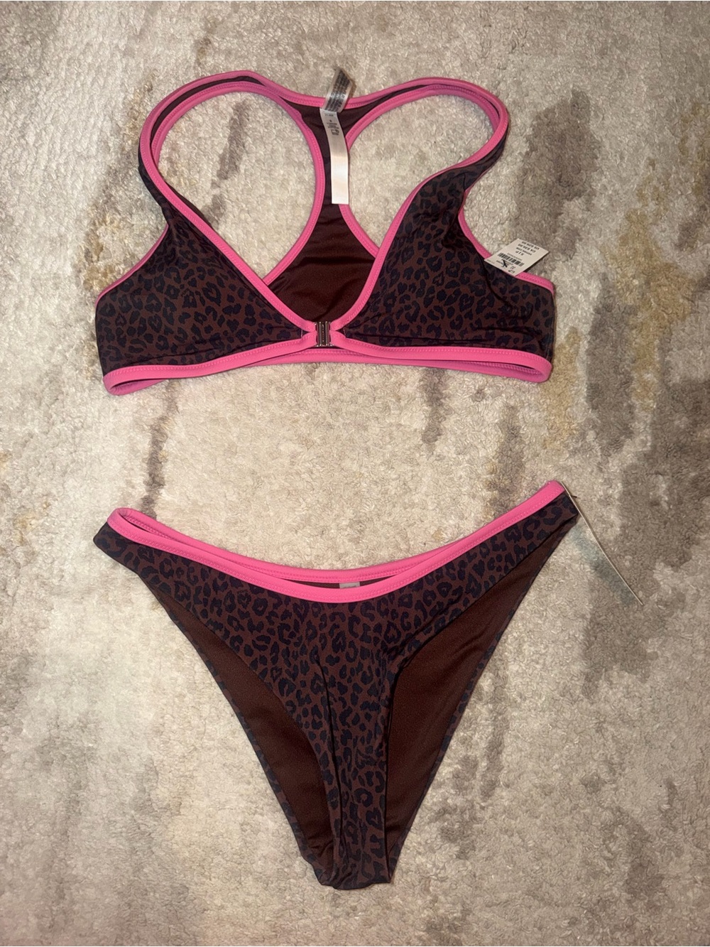 PINK Victoria's Secret Brown Leopard Bikini with Pink Trim